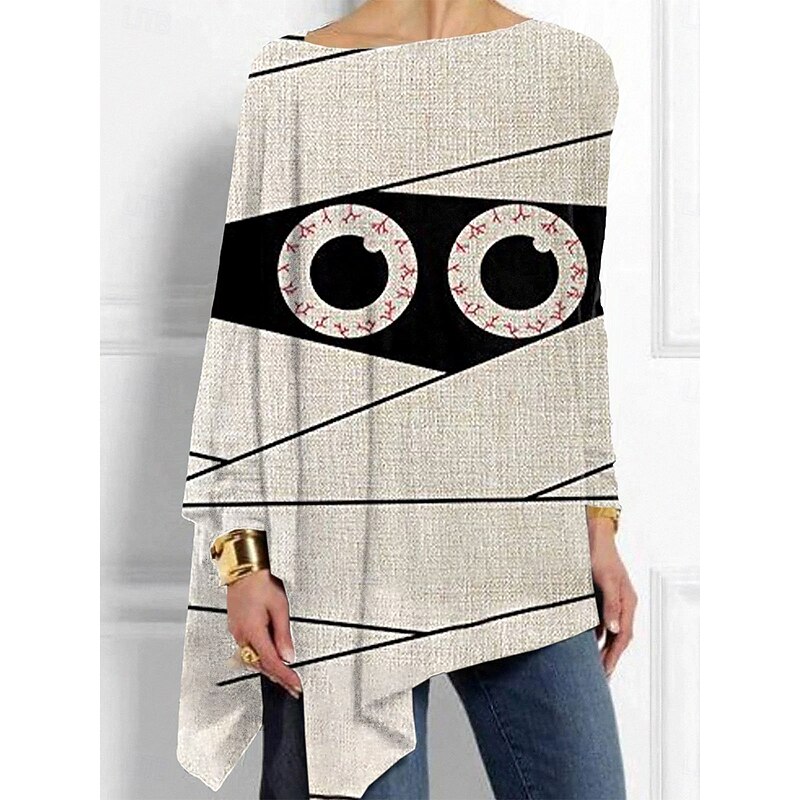 Halloween Women's T shirt Monster Graphic Skull Vintage Stylish Classic Long Sleeve Crew Neck Regular Tops Daily Weekend Print Asymmetrical Khaki Fall Winter