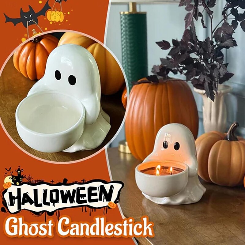 Resin Halloween Cute Ghost Decoration Candlestick Gothic Spooky Cute Ghost Decoration Halloween Candlestick Holder Cartoon Decorative Snack Storage Box4