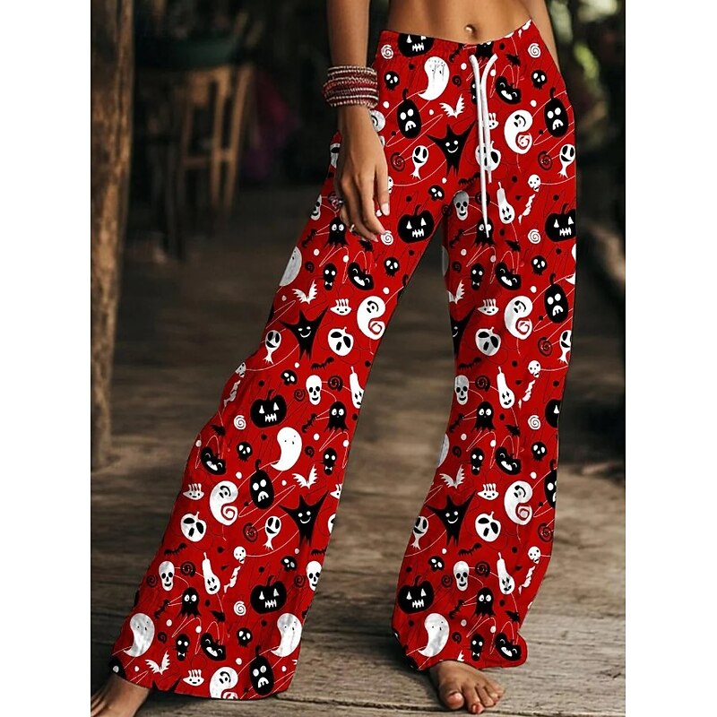 Women's Wide Leg Chinos Pants Trousers Active Fashion Comfort Full Length High WaistPantsHalloween Graphic Skull Pumpkin Drawstring Patchwork Printing Soft Breathable Inelastic Vacation Street Causal3