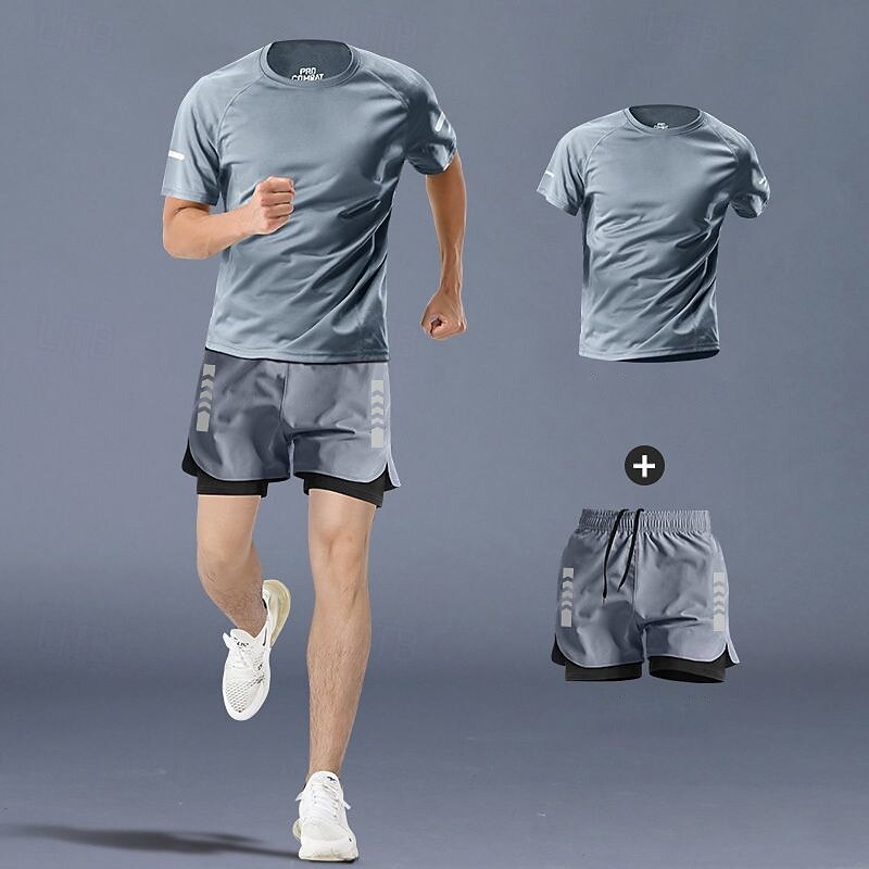 Men's Workout Suits 2 Piece Sports Set Solid Colored Clothing Suit Summer Dark Grey Gray Black Basketball Running Yoga High Waist Quick Dry Short Sleeve Sport Activewear Micro-elastic Regular Fit2