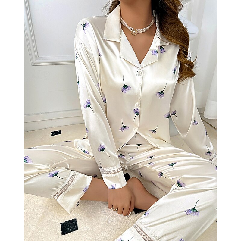 Women's Loungewear Pajama Set Casual Comfort Butterfly Elastic Waist Shirt Pant Home Daily Long Sleeve Shirt Collar White Beige Spring Fall Regular Fit4