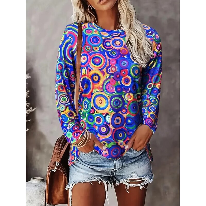 Women's T shirt Long Sleeve Graphic Geometric Striped Vintage Fashion Stylish Long Sleeve Crew Neck Round Neck Regular Tops Daily Print Black Blue Purple  Spring Fall Prefall2
