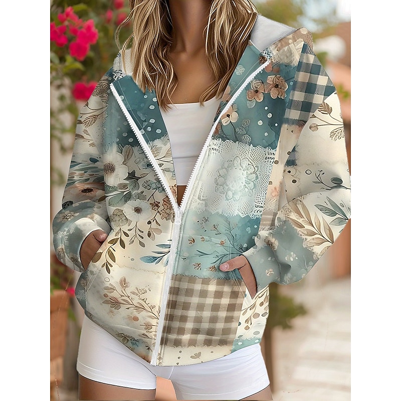Women's 3D Print Vintage Boho Hoodie Patchwork Hoodie Sweatshirt Floral Zip Up Vintage Casual Long Sleeve Hooded Street Dailywear Patchwork Zipper Pocket Red Blue Orange Light Blue Spring Fall4