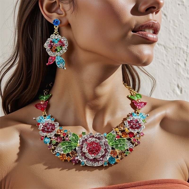 Jewelry Set Two-piece Suit Cubic Zirconia Chrome 1 Necklace Earrings Women's Elegant Vintage Fashion Vintage Style Classic Floral Jewelry Set For Wedding Party Wedding Guest