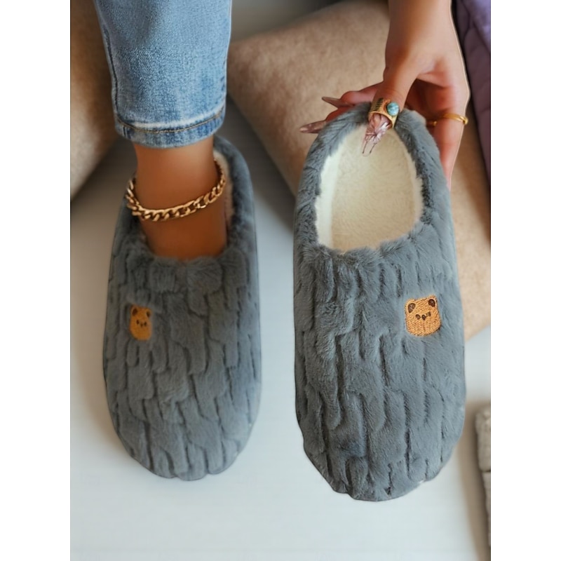 Women's Plush Cartoon Slippers with Bear Embroidered – Soft Cozy Indoor Shoes for Bedroom and Winter Home Use