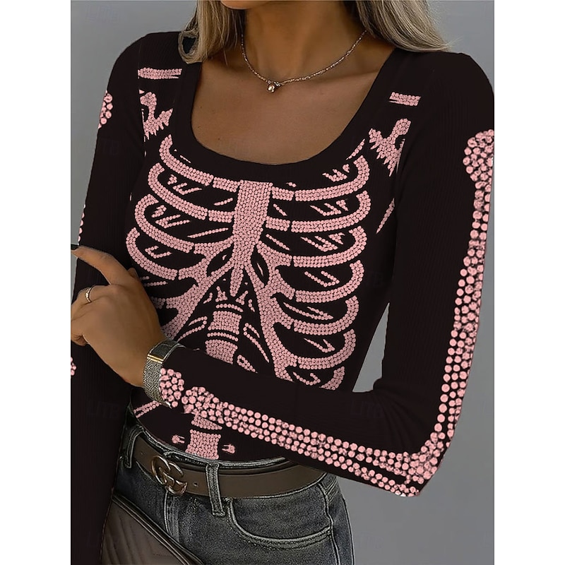 Halloween Women's T Shirt Skulls Graphic Vintage Stylish Classic Long Sleeve Square Neck Regular Tops Daily Print White Pink Blue Green Summer Spring Fall Winter2