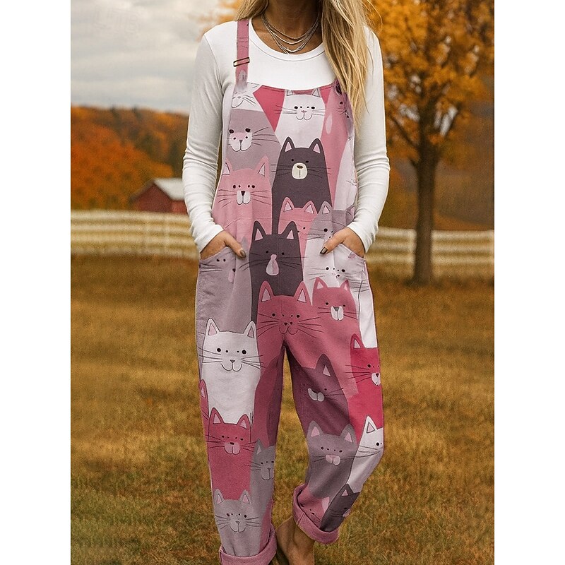 100% Cotton Women's Dungarees Lightweight Graphic Sleeveless Sleeveless Straight Square Neck Pocket with Pocket Vacation Daily Loose Fit Pink Blue Purple Summer4