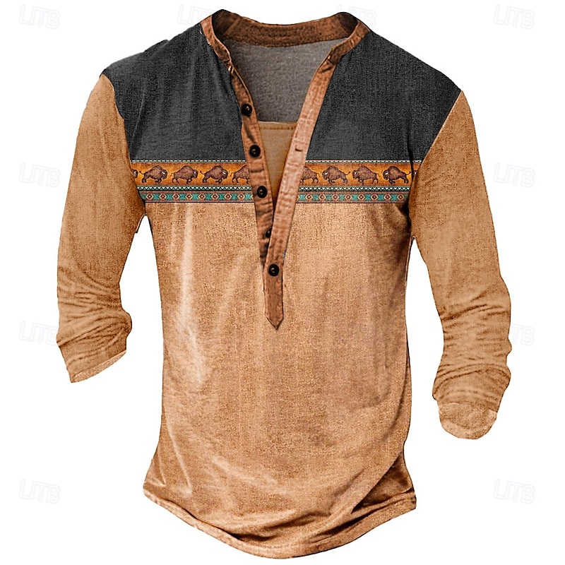 Men's Graphic Ethnic T Shirt Henley Shirt Long Sleeve Designer Retro Vintage Ethnic Street Casual Daily Summer Spring Fall Light Green Blue Brown Dark Gray Henley Henley T-Shirt4
