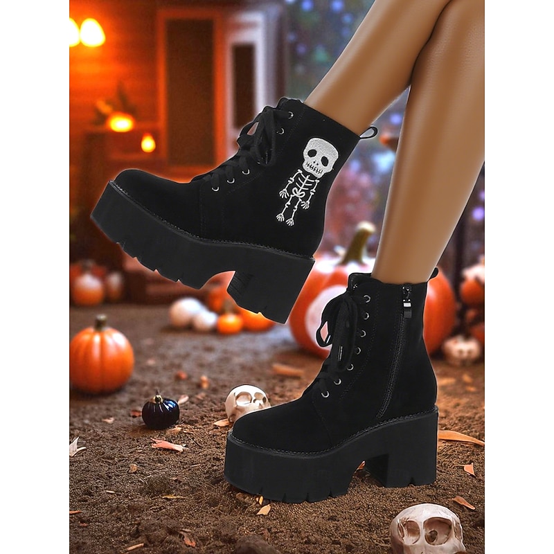 Women's Gothic Black Suede Platform Boots - Skeleton Embroidery Lace-Up Chunky Heel Ankle Boots for Halloween, Fall Cosplay & Party Wear