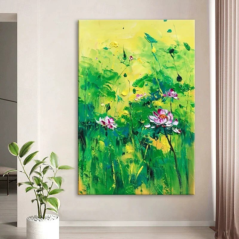 Handmade Oil Painting Canvas Wall Art Decoratio Abstract Green Lotus Flowers Landscape for Home Decor Rolled Frameless Unstretched Painting