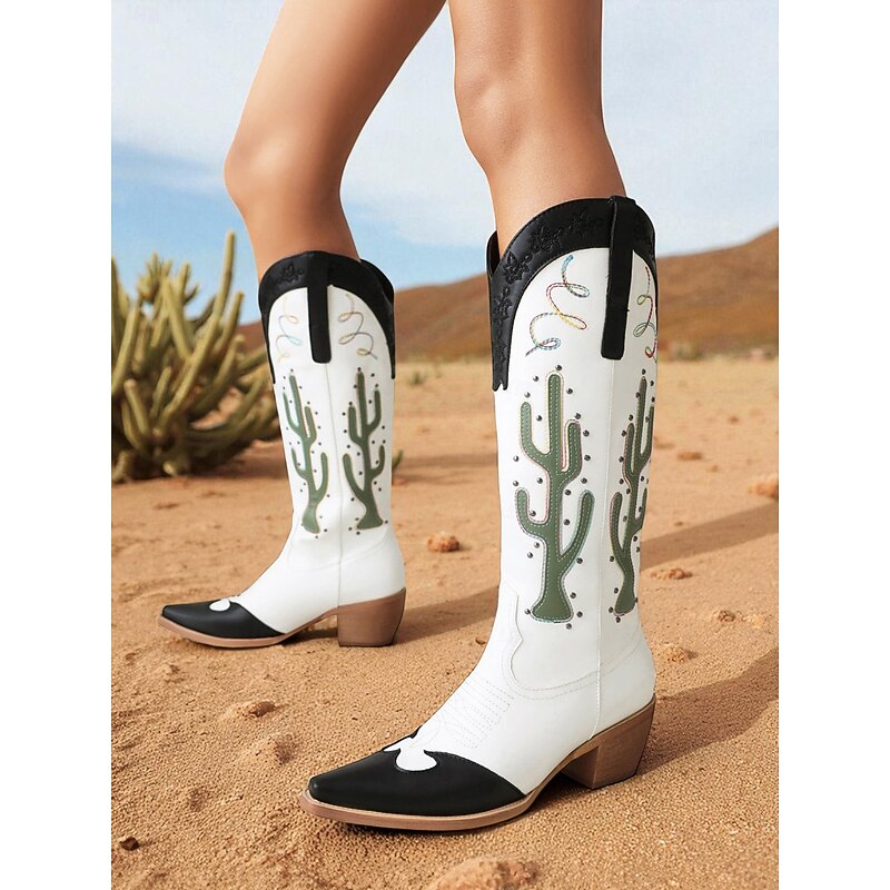 Women's Western Cowboy Boots with Cactus Embroidery, Pointed Toe and Chunky Heel for Rodeos and Western Festivals