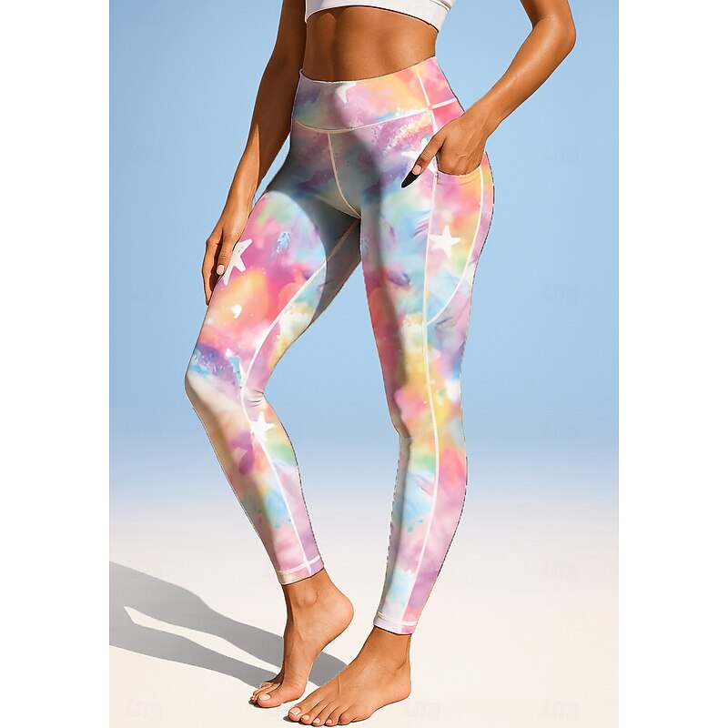 Women's pilates leggings fitness pants Gym Leggings Pockets Stamp Duty Side Pockets Pilates Gym Gym Workout Pants Tights Leggings Graphic Star Tie Dye Light Pink Sports Activewear Stretchy Tight Fit