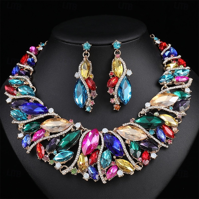 Jewelry Set Two-piece Suit Rhinestone Chrome Earrings Necklace Women's Elegant Vintage Fashion Vintage Style Classic Jewelry Set For Wedding Party Special Occasion2