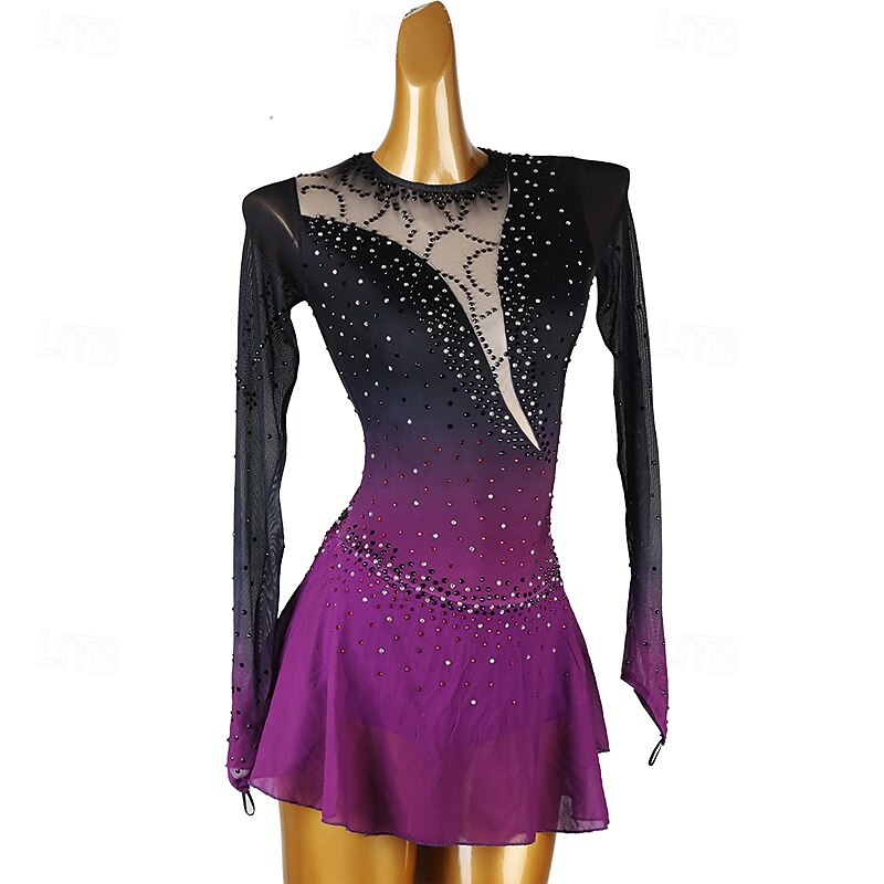 Figure Skating Dress Women's Girls' Ice Skating Dress Purple Patchwork Open Back Mesh Spandex High Elasticity Training Practice Professional Skating Wear Classic Crystal / Rhinestone Long Sleeve Ice2