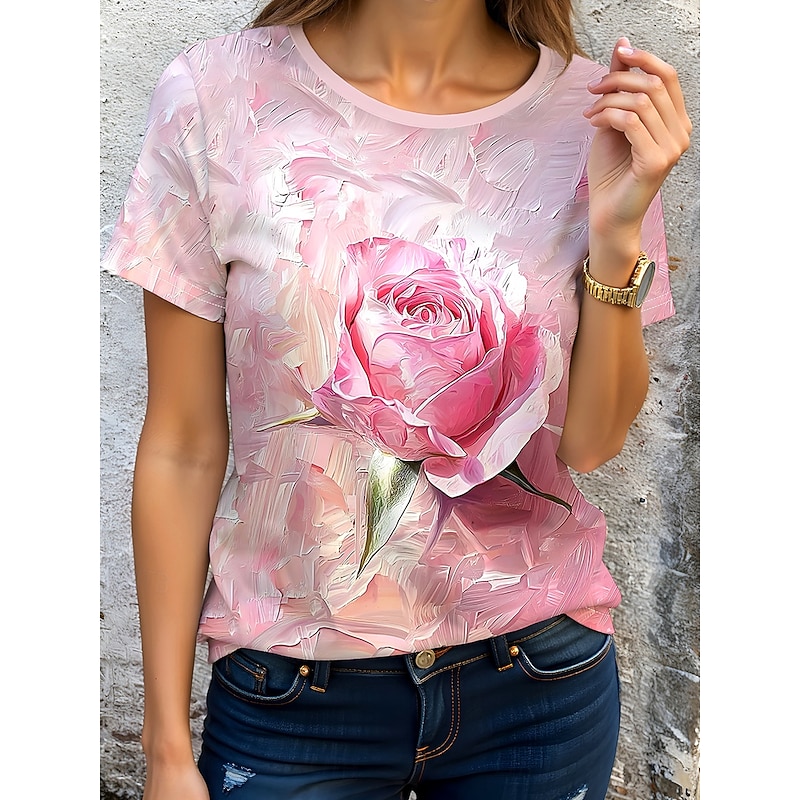 Women's T Shirt Floral Graphic Plants Vintage Stylish Classic Short Sleeve Crew Neck Round Neck Regular Tops Daily Weekend Print Pink Summer Spring Fall