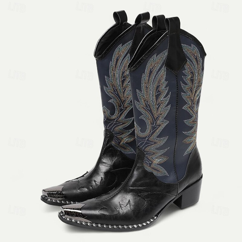 Men's Black Leather Cowboy Boots – Western Style Embroidered Tall Boots for Rodeo, Horse Riding and Country Music Events2