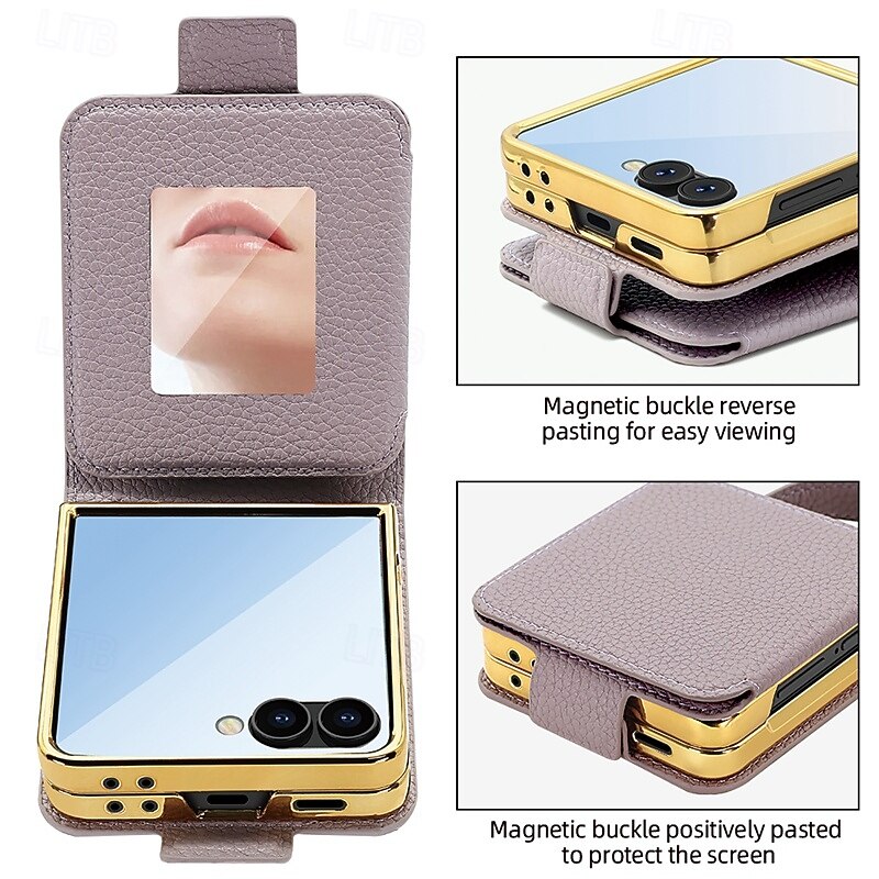 Phone Case For Samsung Galaxy Z Flip 6 Z Flip 5 Z Flip 4 Back Cover with Wrist Strap Shockproof Retro TPU PU Leather3