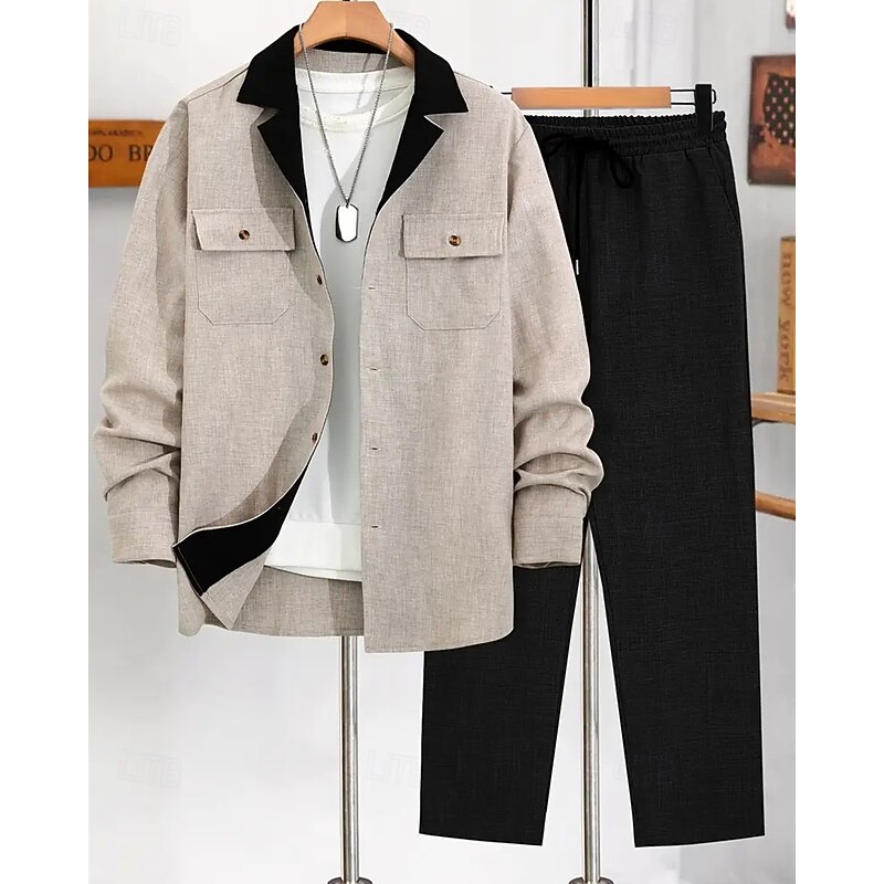 Men's Lightweight Jacket Casual Jacket Set Vacation Daily Breathable Pocket 2 Piece Spring Fall Color Block Fashion Classic Lapel Regular Black Blue Brown Khaki Jacket2