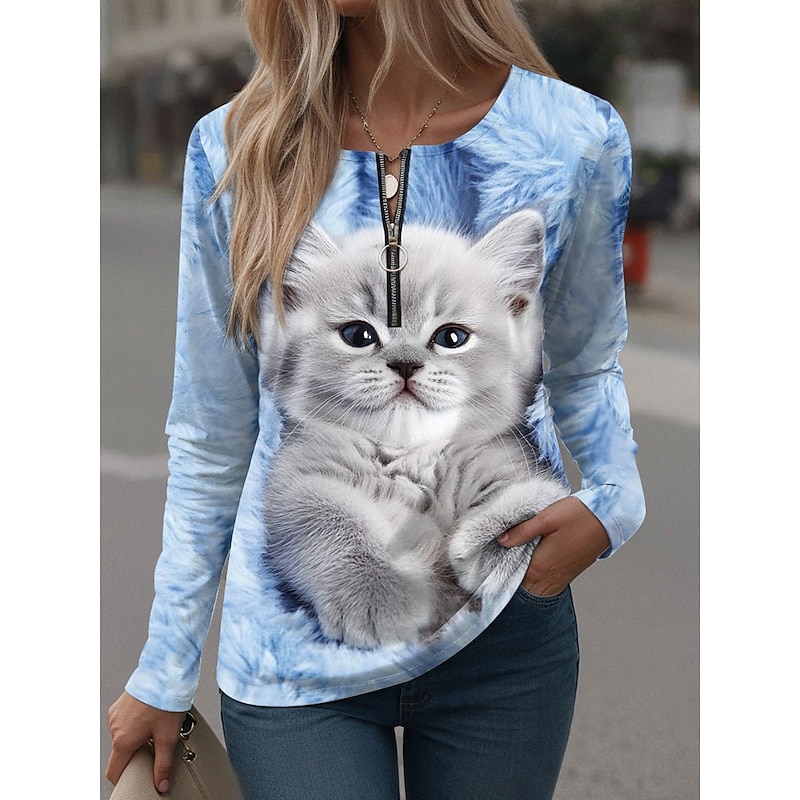 Women's T Shirt Graphic Animal Vintage Stylish Casual Long Sleeve Round Neck Regular Tops Daily Weekend Zipper Print Yellow Pink Blue Purple Spring Fall Winter4