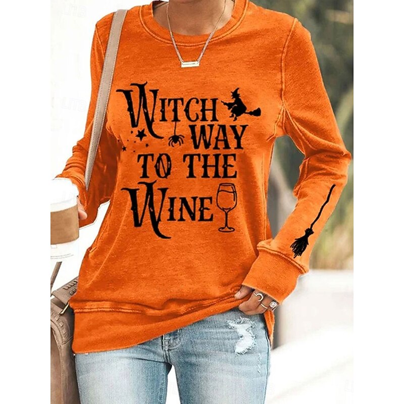 Halloween Women's Pullover Sweatshirt Witch Graphic Letter Casual Long Sleeve Crew Neck Round Neck Regular Tops Street Casual Holiday Print Black Orange Gray Spring Fall Winter