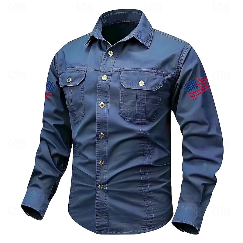 Men's American US Flag Work Shirt Western Shirt Cargo Shirt Long Sleeve Tactical Vintage Retro Sports Outdoor WorkWear Spring Fall Turndown Front Two Pockets Button Up Shirts Black Army Green Blue3