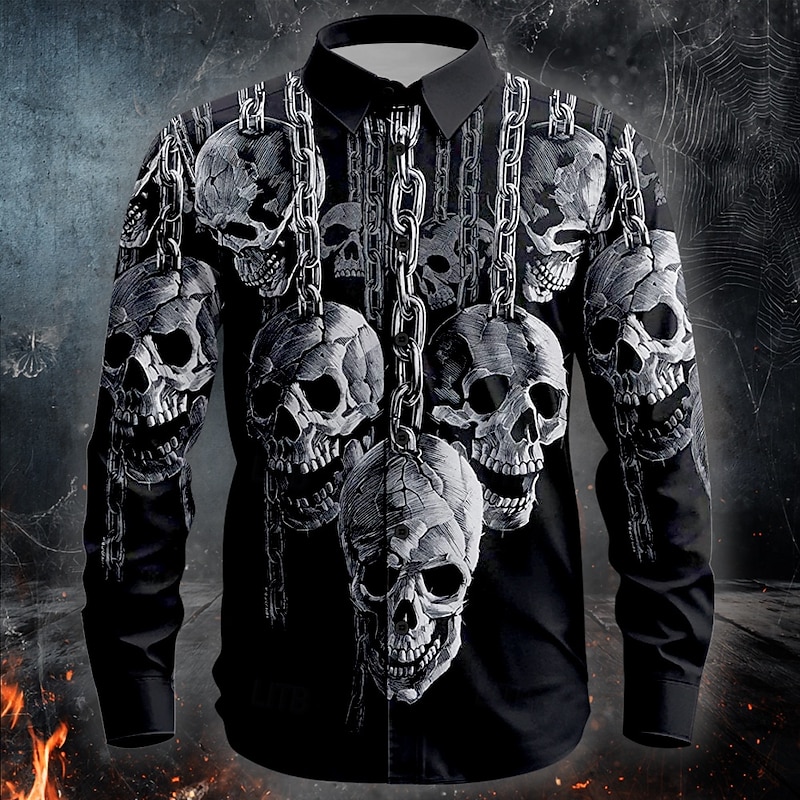 Halloween Men's Chains Print Halloween Costumes Skulls Shirt Button Up Shirt Long Sleeve Dark Punk Gothic Style Outdoor Holiday Summer Spring Turndown 3D Print Collared Shirts Black