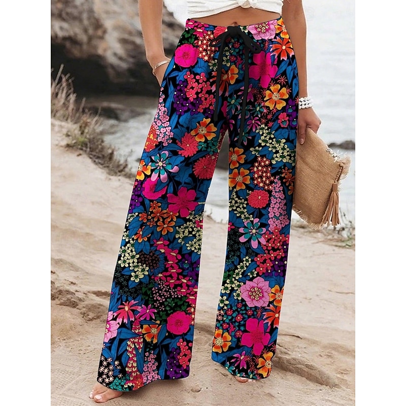 Women's Wide Leg Pants Trousers Vacation Casual Long High Waist Floral Elastic Waist Printing High Cut Breathability Soft Micro-elastic Vacation Street Daily Wear Blue Spring Fall Regular Fit