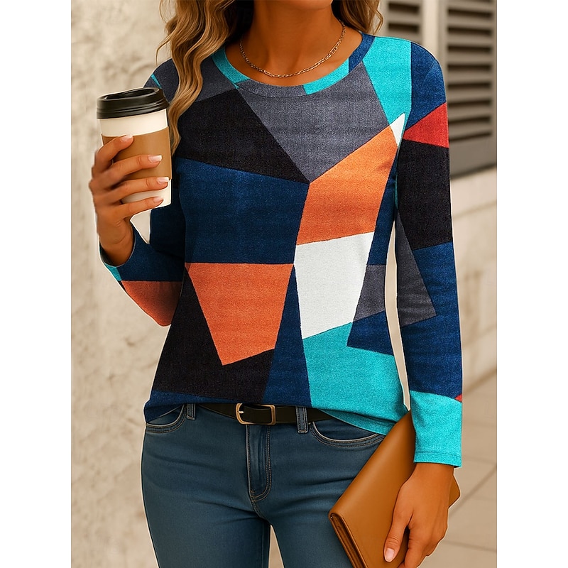 Women's T Shirt Graphic Geometric Color Block Vintage Stylish Classic Long Sleeve Crew Neck Regular Tops Daily Print Red Blue Orange Green Spring Fall Winter