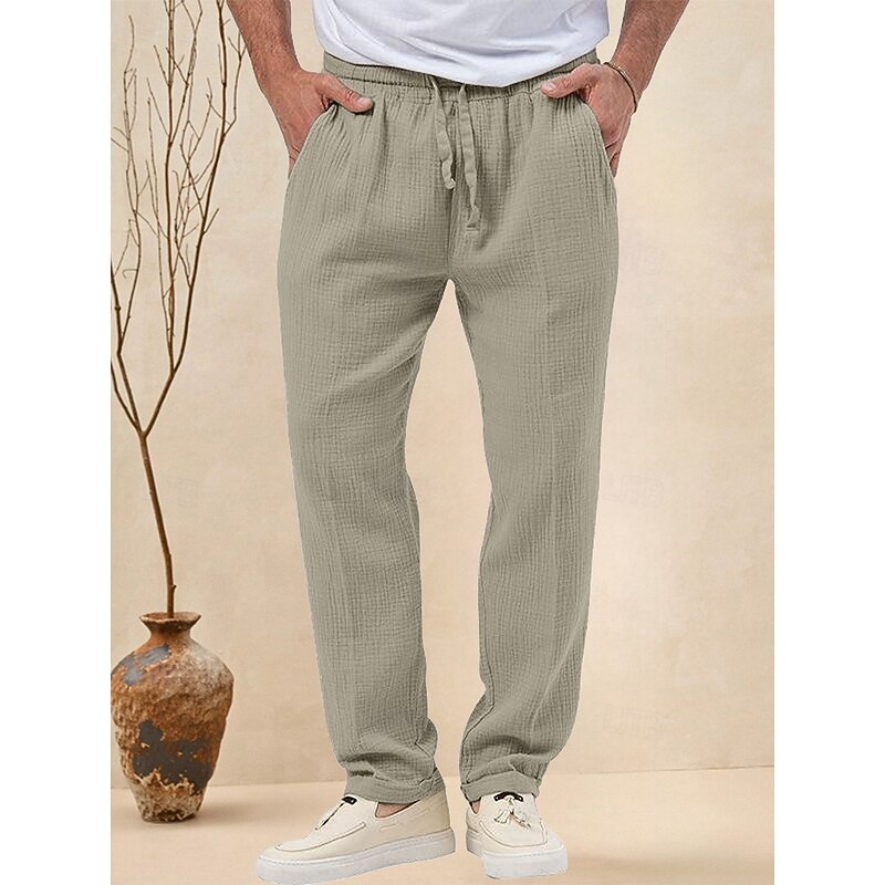 Men's Trousers Beach Shorts Casual Pants Seersucker Pants Drawstring Elastic Waist Straight Leg Plain Comfort Breathable Daily Holiday Vacation Fashion Casual Black White