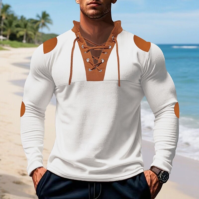 Men's T Shirt Tee Waffle Knit Tee Tee Top Long Sleeve V Neck Spring Fall Color Block Fashion Designer Basic Lace up Vacation Street Going out Apricot Black White Top Tee for Men2
