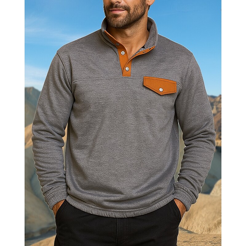 Men's Casual Shirt Hiking top Henley Shirt Long Sleeve Stand Collar Top Outdoor Breathable Polyester Black White Beige Tennis Golf Running