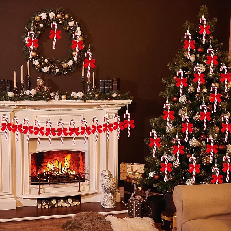 6pcs Christmas Candy Cane Hanging Ornaments with 12 Red Bows, Christmas Door Decorations, Tree Ornaments, Bells, Holiday Decor3