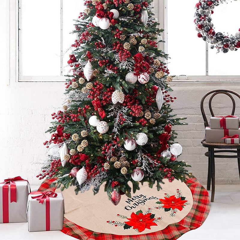 Christmas Tree Skirt Creative Large Red Flower Burlap Design Popular Plaid Tree Skirt Festive Holiday Decoration Perfect Seasonal Christmas Atmosphere Setup