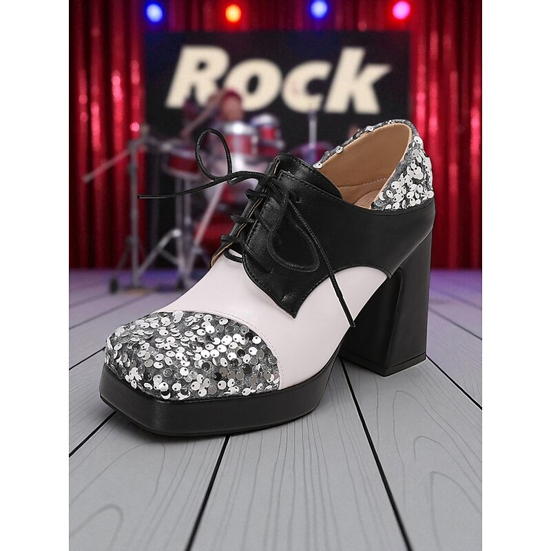 Women's Sequin Oxford Chunky Heel Shoes - 1980s Retro Lace-Up Platform Block Heel Party Pumps for Evening, Cocktail and Dance Wear4