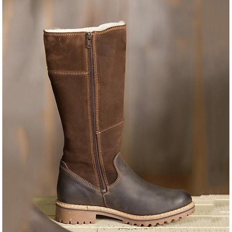 Women's Brown Leather and Suede Knee-High Boots with Fur-Lined Warmth, Adjustable Buckle, and Durable Non-Slip Sole for Outdoor Winter Wear3