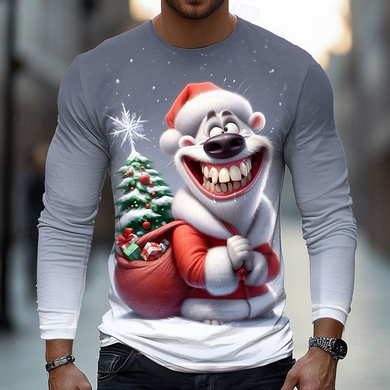 Christmas Men's Animal Funny T Shirt Long Sleeve T shirt 3D Print Crew Neck Shirt Fashion Basic Street Casual Daily White Blue Dark Gray Summer Spring Clothing Apparel S M L XL XXL XXXL2