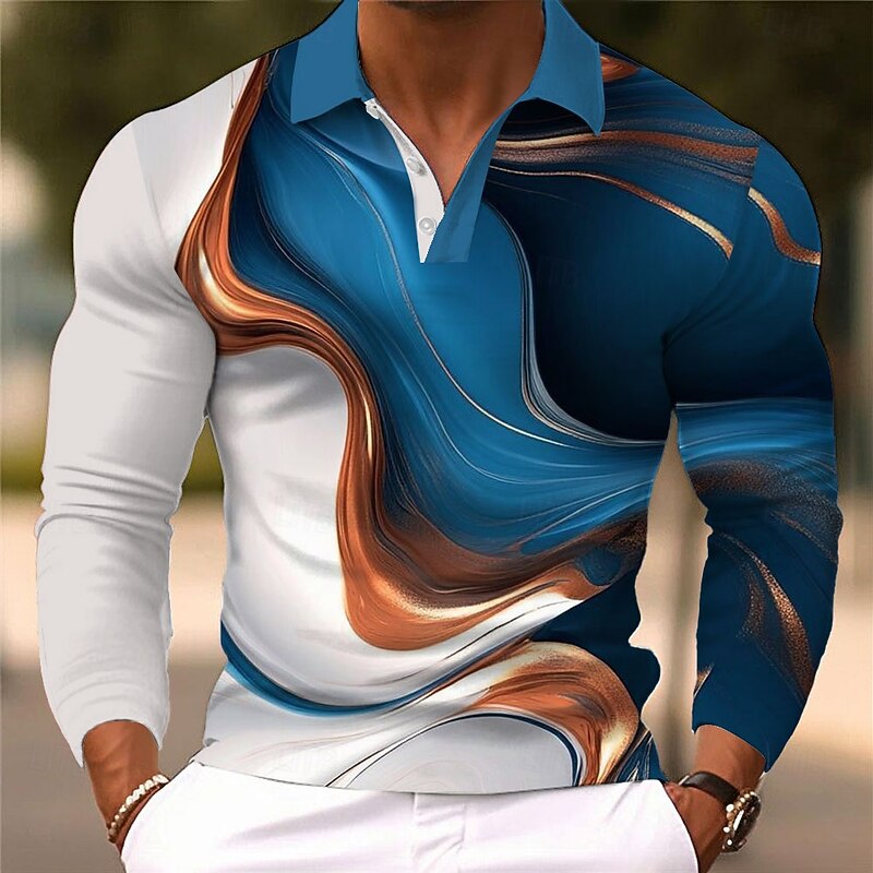 Men's Abstract Geometic Polo Long Sleeve Polo Shirts Lapel Casual Street Athleisure Daily Wear 3D Print Buttons Spring Fall Winter Red Navy Blue Blue2