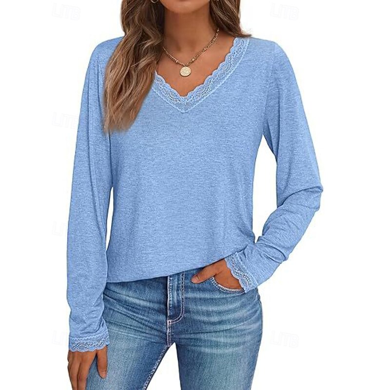 Women's Shirt Blouse Plain Modern Casual Long Sleeve V Neck Regular Tops Daily Holiday Going out Lace Patchwork Black White Wine Blue Fall4