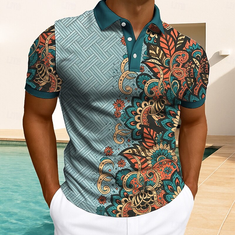 Men's Floral Print Polo Short Sleeve Polo Shirts Collared Shirts Casual Athleisure Daily Wear Buttons Summer Red Blue Green