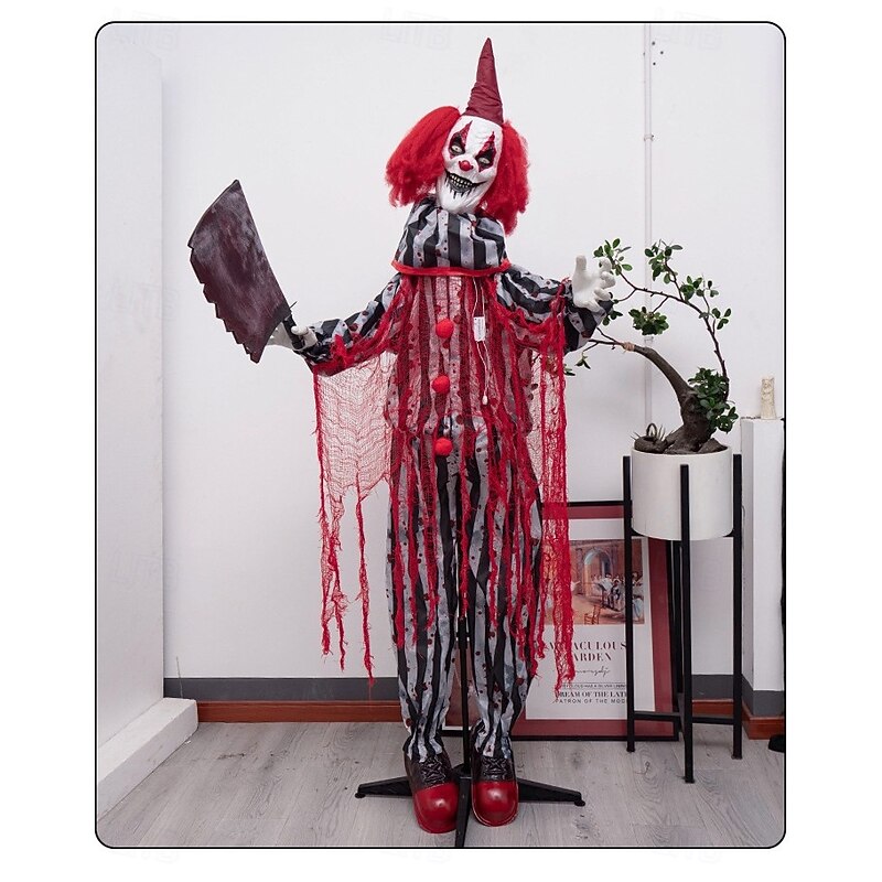Halloween Clown Figurine Holding A Butcher's Knife, Haunted House Secret Room Electric Sensor Light-Up Decorative Prop3