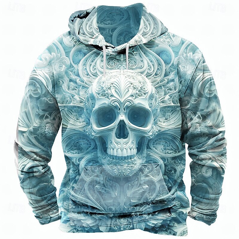 Halloween Men's Skull 3D Hoodie Sweatshirt Punk Exaggerated Long Sleeve Crew Neck Club Streetwear Yellow Blue Drawstring Fall Winter Designer2