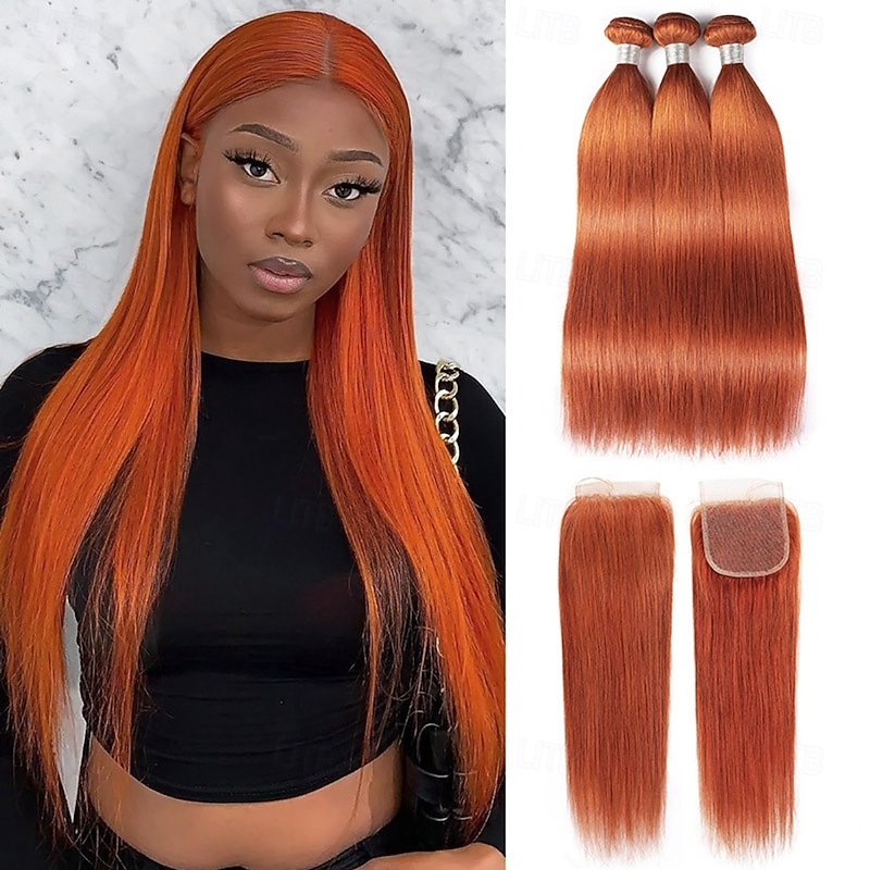 Ginger# Straight Human Hair Extensions 3 Bundles with Closure For Black Women