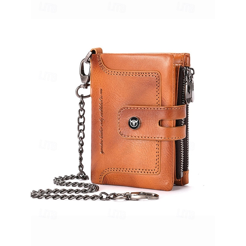 Men's Genuine Leather RFID Blocking Wallet with Chain, Anti-Theft Brush Lining, Wear-Resistant Bifold Purse for Travel, Work and Daily Use