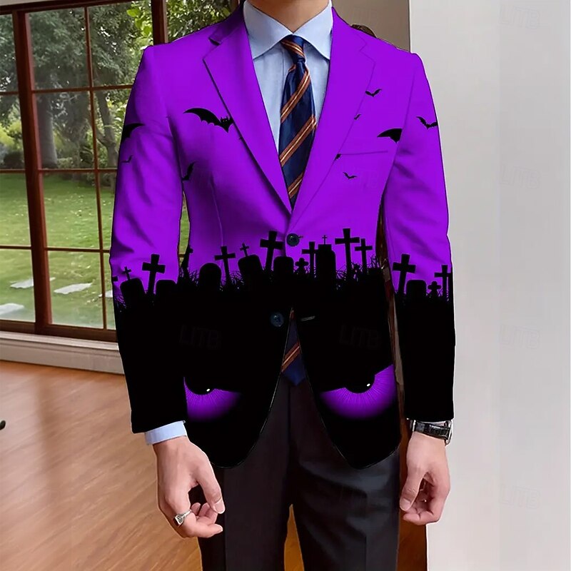 Halloween Men's Coat Blazer Outdoor Street Festival Casual Daily All Seasons 100% Polyester Bat 3D Print Buttons Comfortable Single Breasted Blazer White Purple Orange3