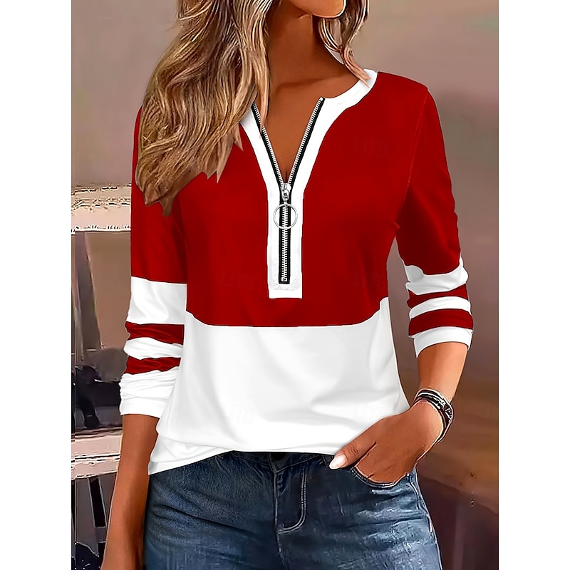 Women's T shirt Long Sleeve Graphic Color Block Striped Elegant Vintage Stylish Long Sleeve V Neck Regular Tops Daily Weekend Zipper Print Black Red Royal Blue Spring Fall Prefall3