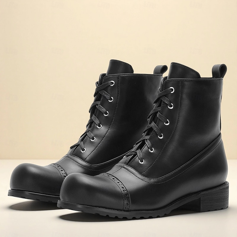 Men's Black Lace-Up Combat Boots Genuine Leather Rugged Military Style Casual Fashion Shoes for Outdoor and Halloween Costume