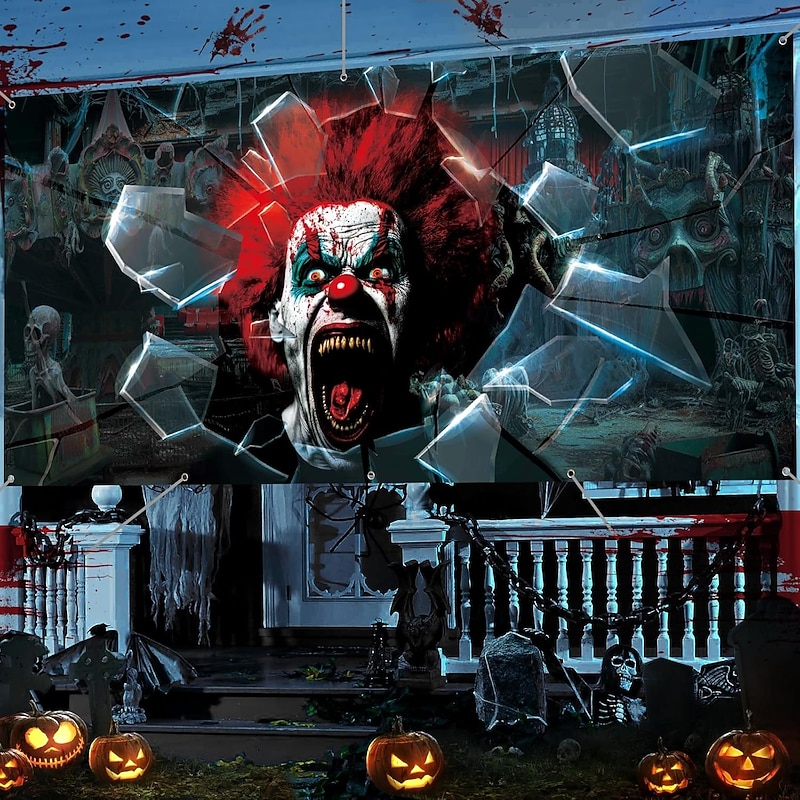 Halloween Garage Door Cover Large Hanging Backdrop Clown Bloodstains Psychedelic Dark Party Outdoor Shooting Backgrounds Front Door Home Decor4