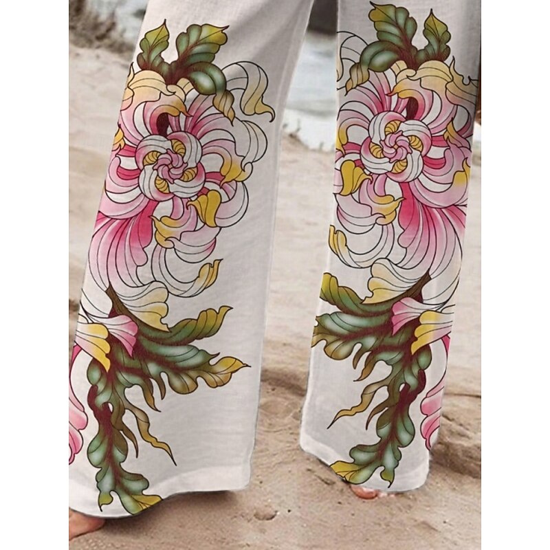 Women's Wide Leg Pants Trousers Vacation Casual Long High Waist Floral Elastic Waist Printing High Cut Breathability Soft Micro-elastic Vacation Street Daily Wear Beige Spring Fall Regular Fit2