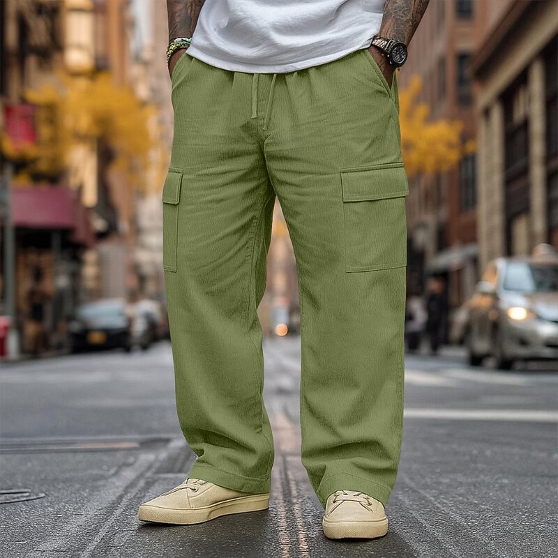 Men's Linen Pants Trousers Baggy Pants Drawstring Elastic Waist Straight Leg Plain Comfort Breathable Full Length Outdoor Casual Daily Vacation Fashion Black White Inelastic