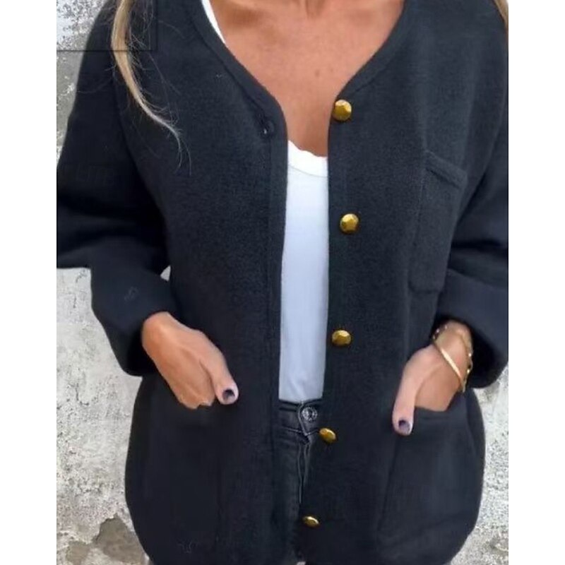 Women's Jacket Warm Comfortable Pocket Buttons Fashion Plain Going out Casual Daily Weekend Single Breasted Regular Crewneck Regular Fit Long Sleeve Outerwear Black White Khaki Fall Winter - Main Image